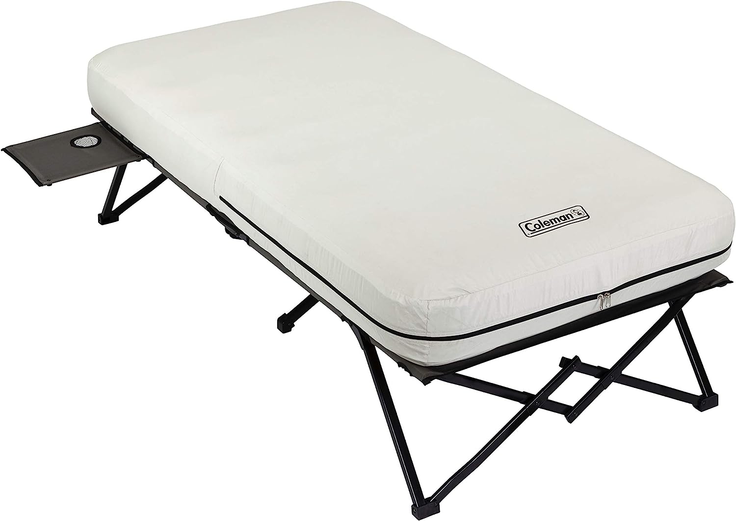 Camping Cot, Air Mattress, and Pump Combo, Folding Camp Cot and Air Bed with Side Table and Battery Operated Pump