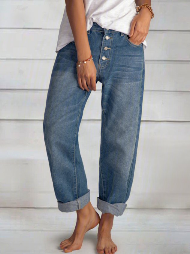 Cotton Loose Blue Casual Buttoned Jeans