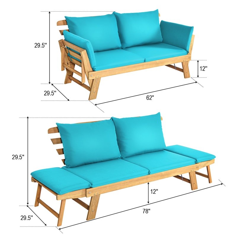 Outdoor Daybed Acacia Wood Convertible Couch Sofa Bed with Adjustable Armrest & Cushion