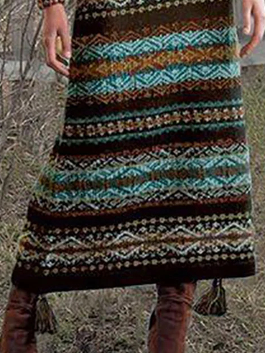 Vintage Ethnic Style Color Printed Knitted Skirt