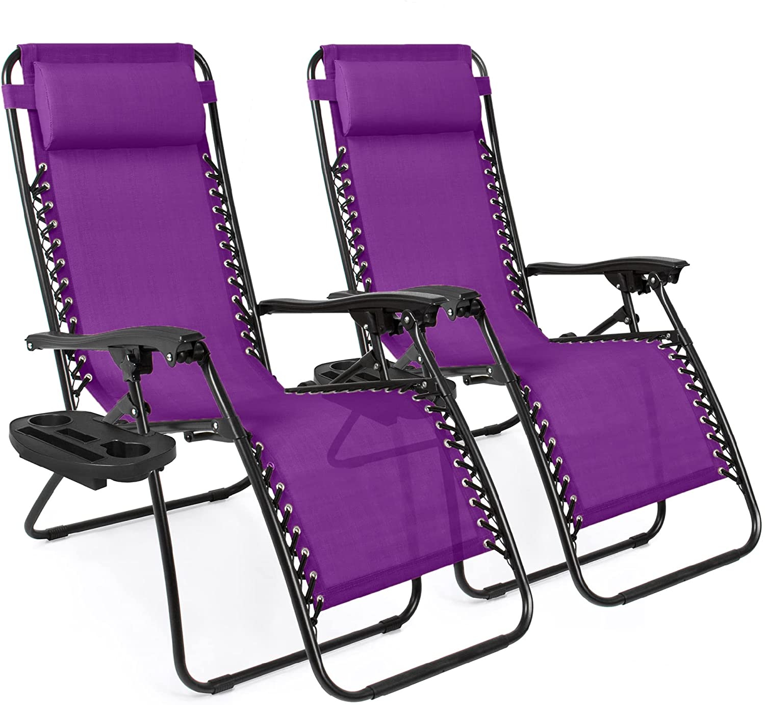 Set of 2 Adjustable Steel Mesh Zero Gravity Lounge Chair Recliners w/Pillows and Cup Holder Trays