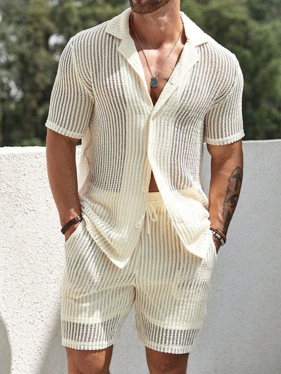 2Pcs Men's Resort Beach Woven Hollow Shirt Shorts Set