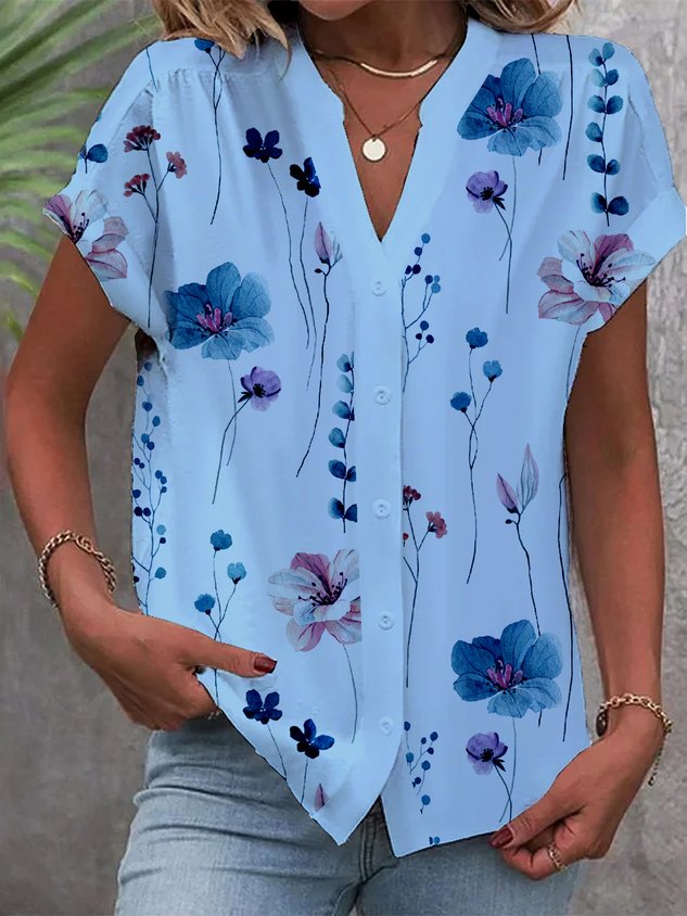 Buttoned Floral Loose Casual Blouse