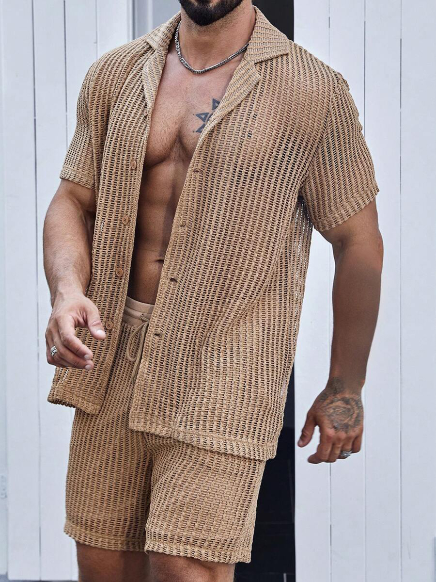 2Pcs Men's Resort Beach Woven Hollow Shirt Shorts Set