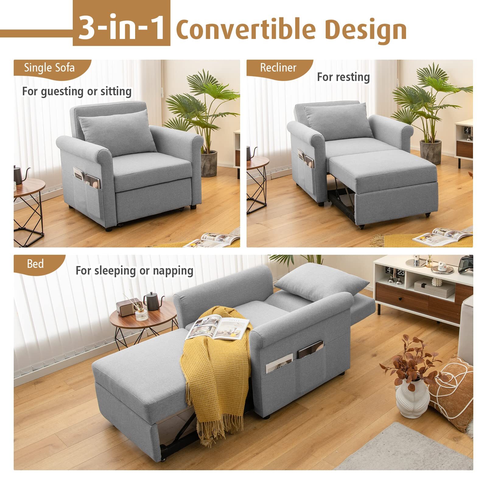 Convertible Sofa Sleeper - 3-in-1 Pull-Out Chair Bed, Adjustable Recliner Backrest