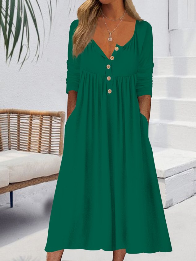 Cotton mixed plain button simple midi Dress