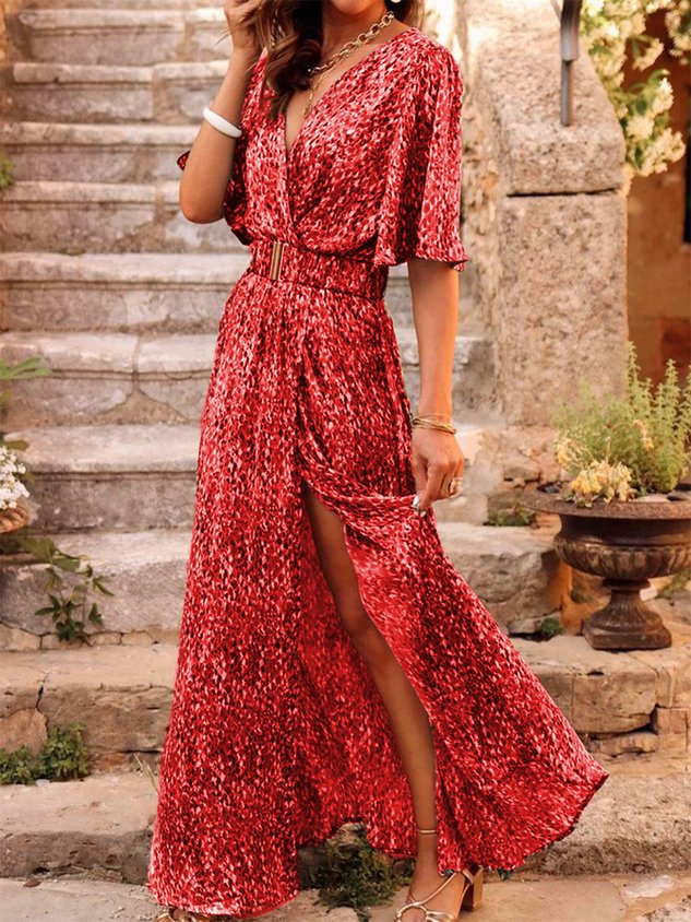 Women Floral High Waist Micro-Elasticity Loose Short Sleeve A-Line Maxi Dress