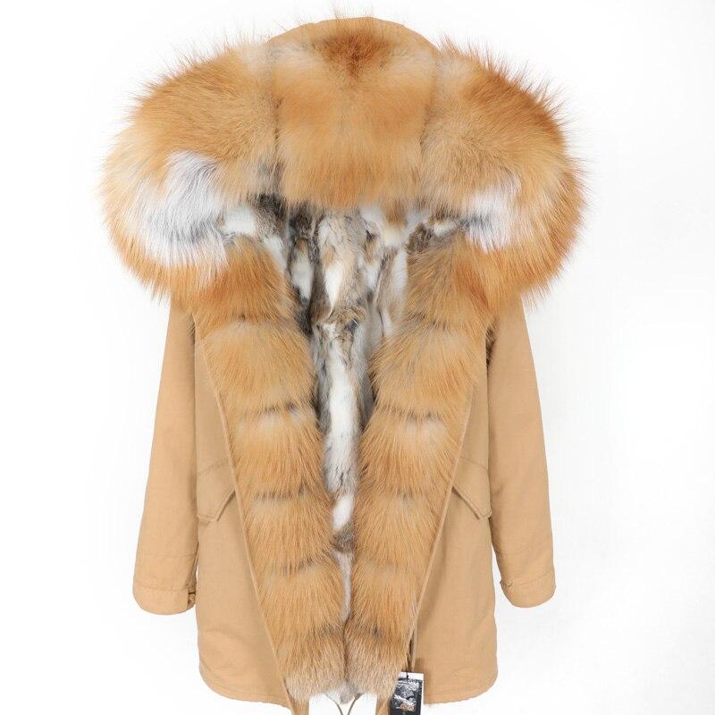 Brand Women's Parka Rabbit Fur Lining Hooded Long Coat Parkas Outwear Army Green Large Raccoon Fur Collar