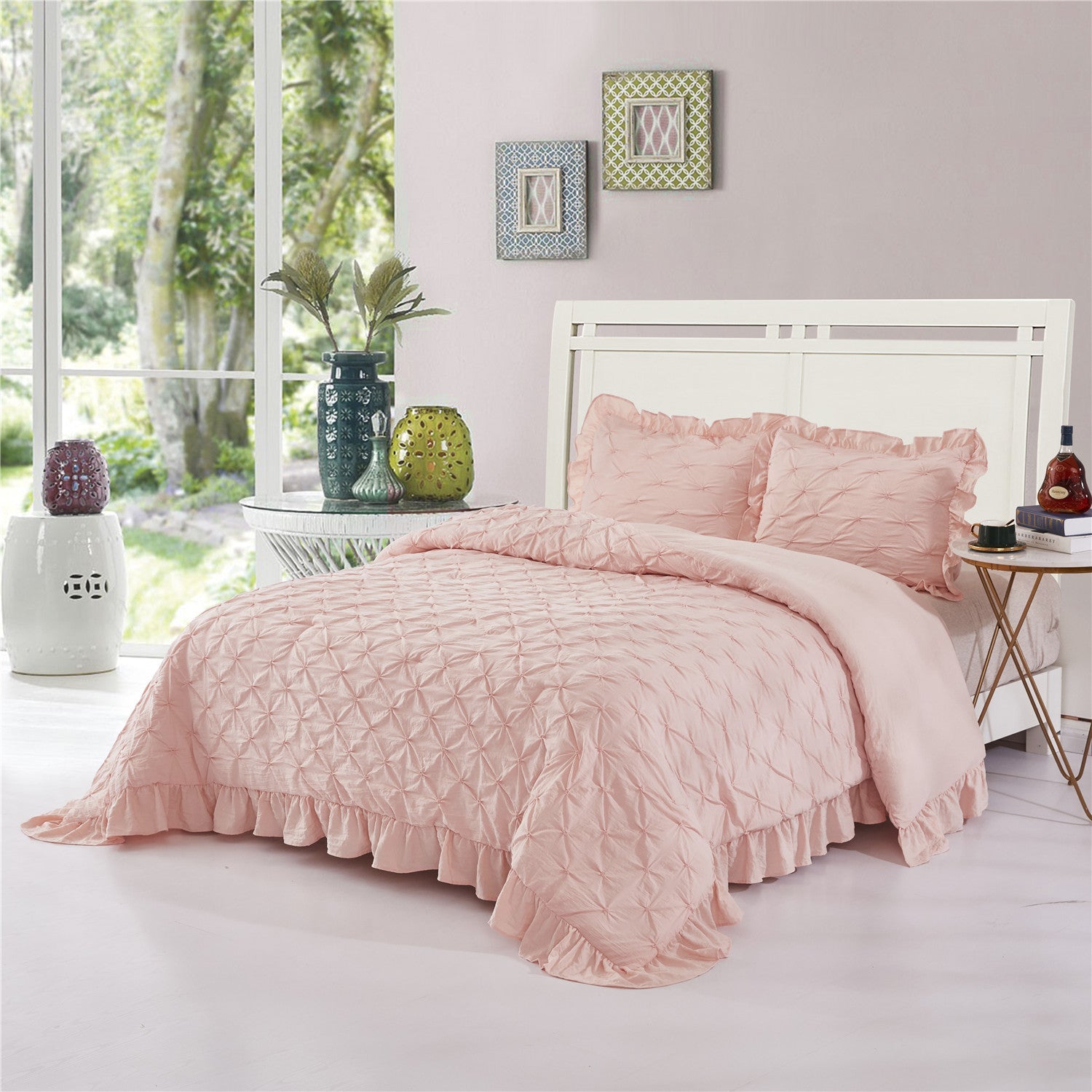 3 Piece Pinch Pleated Comforter Set - Chic Embroidery Farmhouse Style Bedding Set