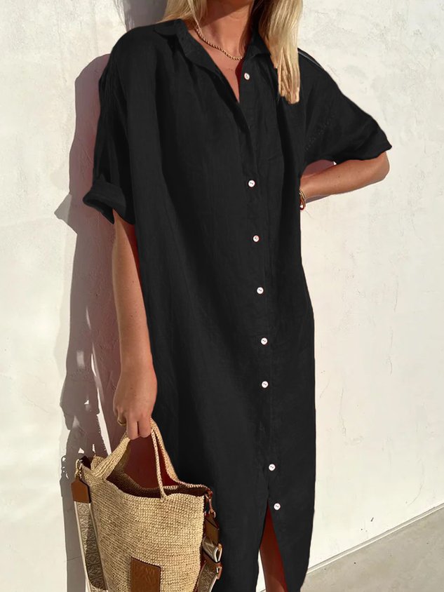 Loose Shirt Collar Short Sleeve Casual Cotton Dress