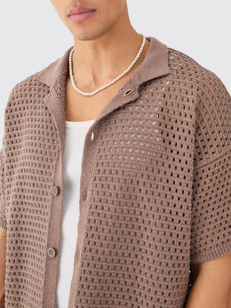 OVERSIZED BOXY TEXTURED OPEN STITCH KNIT SHIRT