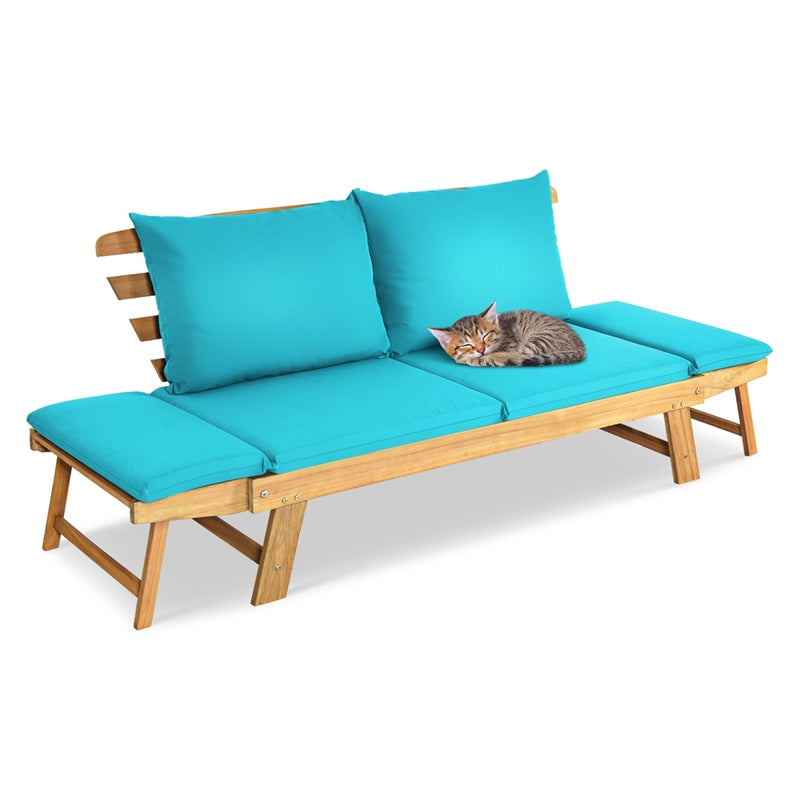 Outdoor Daybed Acacia Wood Convertible Couch Sofa Bed with Adjustable Armrest & Cushion