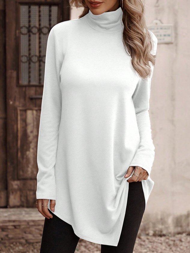 Casual Plain Turtleneck Long Sleeve T-shirt