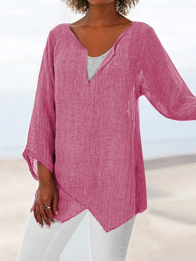 Women's V Neck Linen Solid Summer Blouse