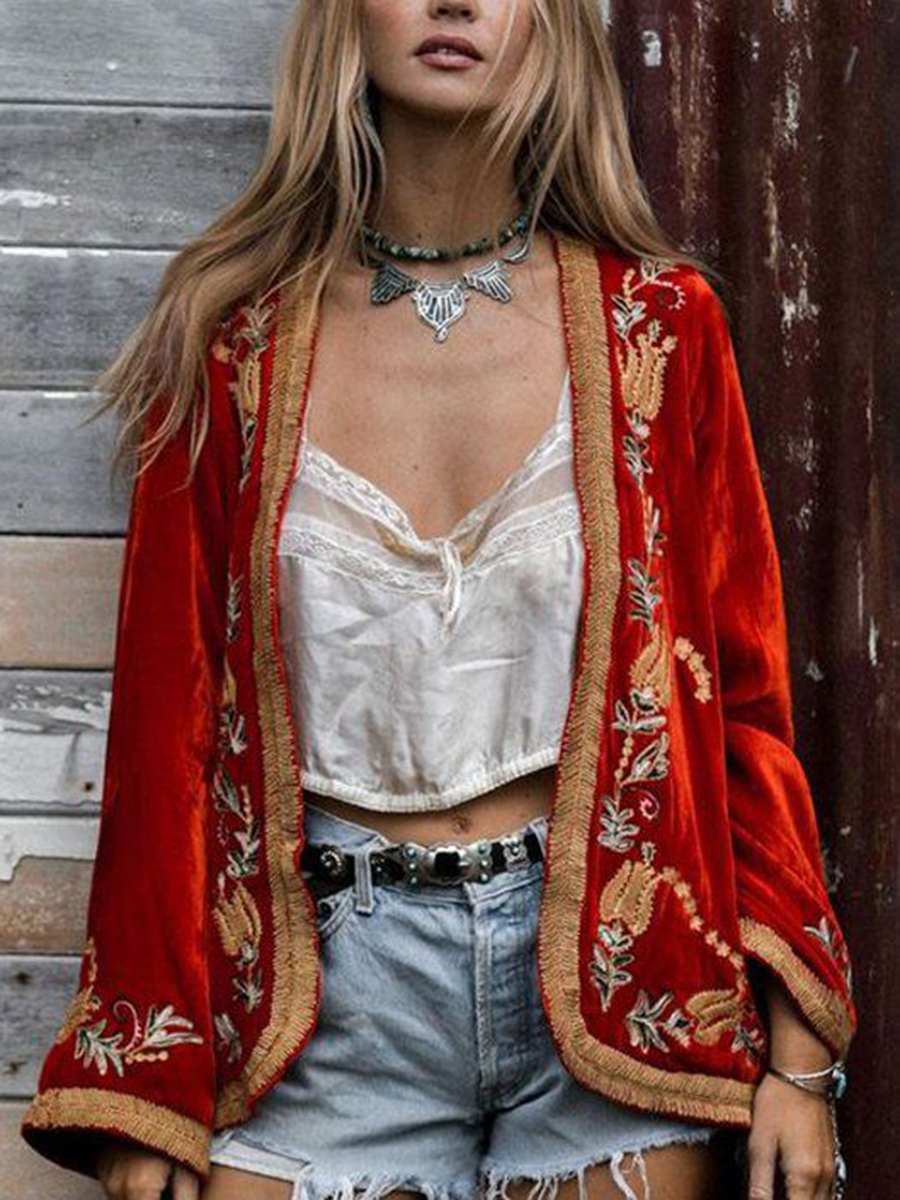 Women's velvet embroidered long sleeve cardigan