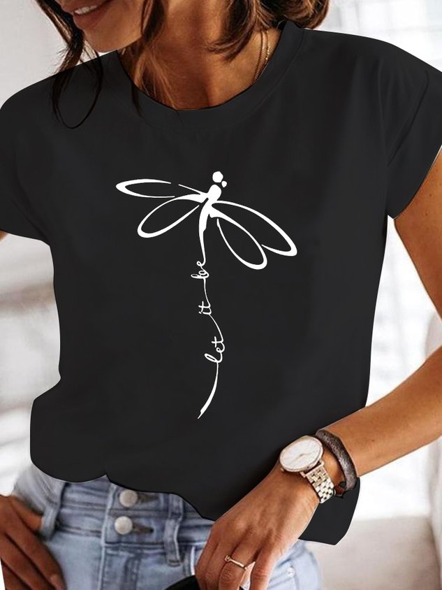 Casual Dragonfly Print Crew Neck Short Sleeve T-Shirt