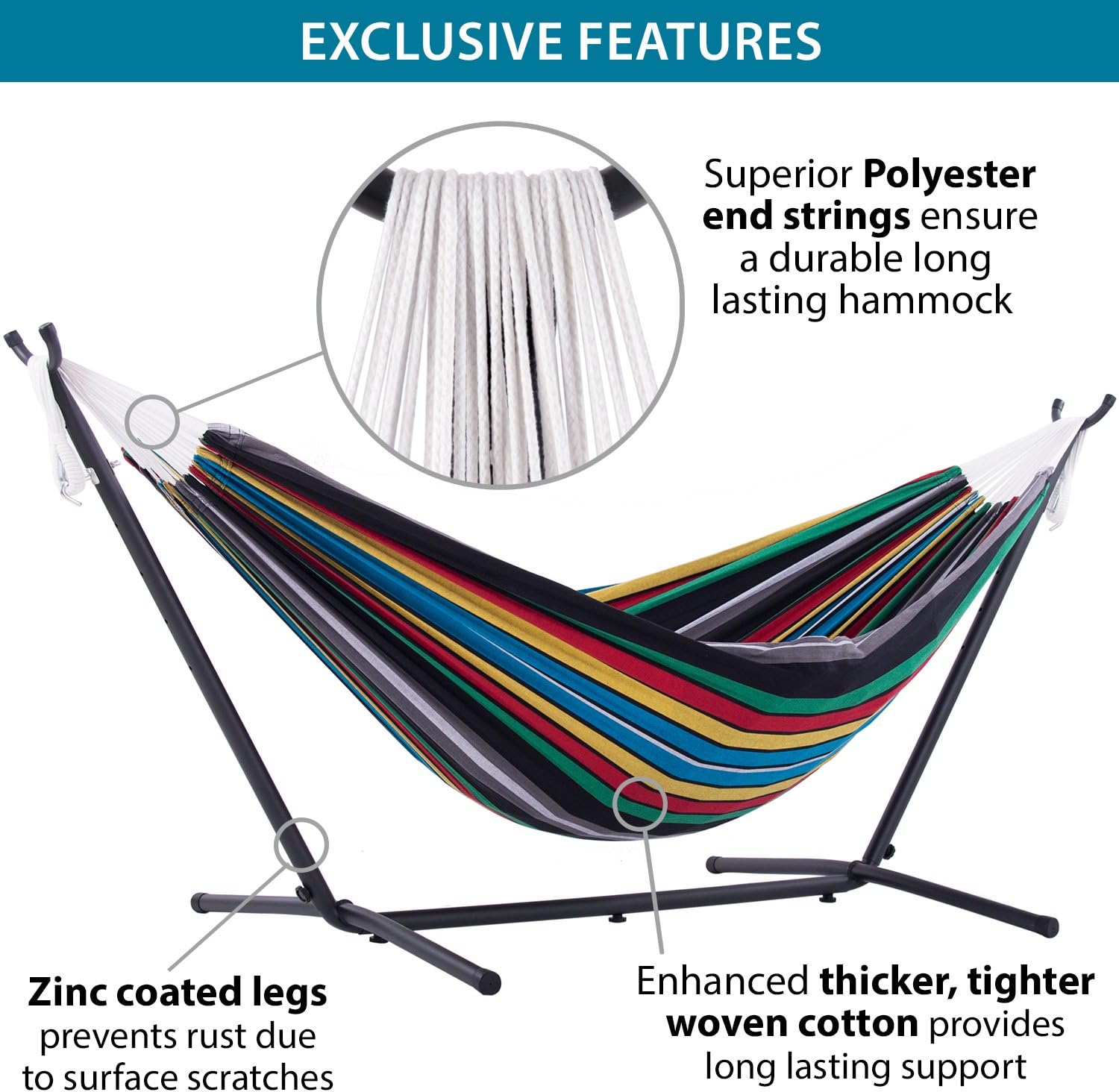 Double Cotton Hammock with Space Saving Steel Stand, Tropical (450 lb Capacity - Premium Carry Bag Included)