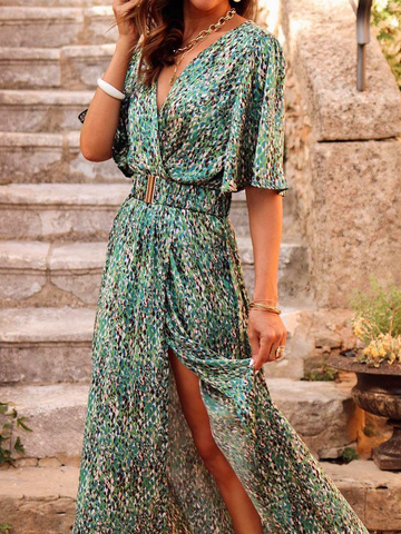 Women Floral High Waist Micro-Elasticity Loose Short Sleeve A-Line Maxi Dress