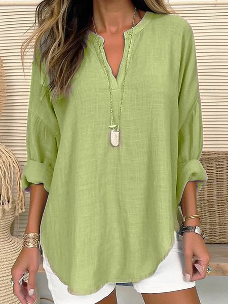 V Neck Long Sleeve Plain Regular Loose Shirt For Women 2023