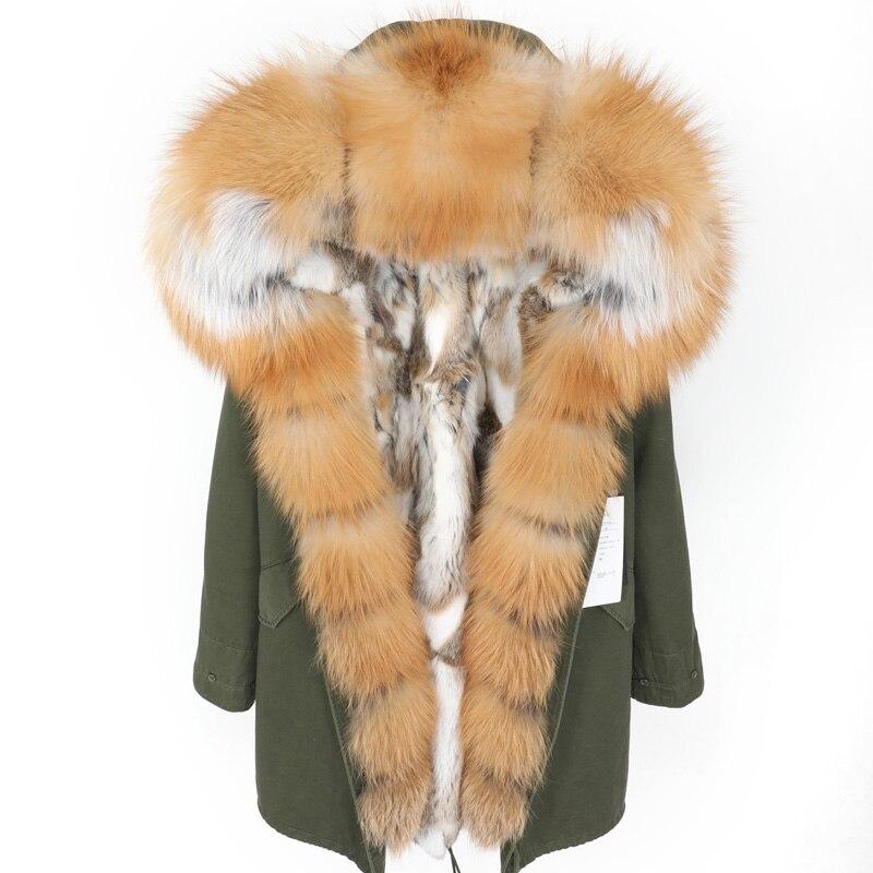 Brand Women's Parka Rabbit Fur Lining Hooded Long Coat Parkas Outwear Army Green Large Raccoon Fur Collar