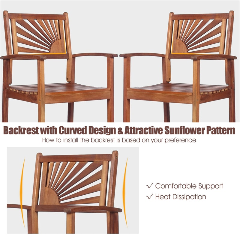 Outdoor Acacia Wood Bar Chairs Set of 2 with Sunflower Backrest and Armrests