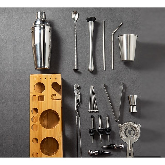 Cocktail Shaker Premium Set Stainless Steel 23-Piece Set with Big Wooden Frame Bar Cocktail Shaker