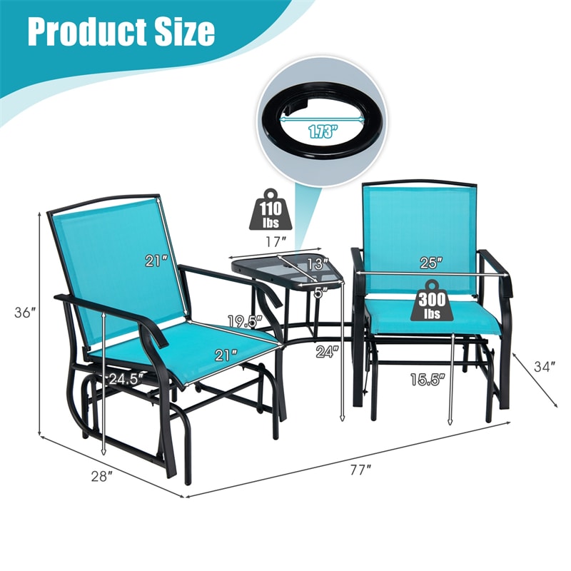 2-Seat Patio Rocking Chair Outdoor Double Glider Chair with Glass Table & Umbrella Hole