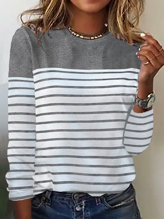 Crew Neck Striped Print Long Sleeve Casual T-Shirt