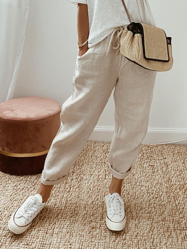 Casual Baggy Cotton Linen Cropped Plain Pant