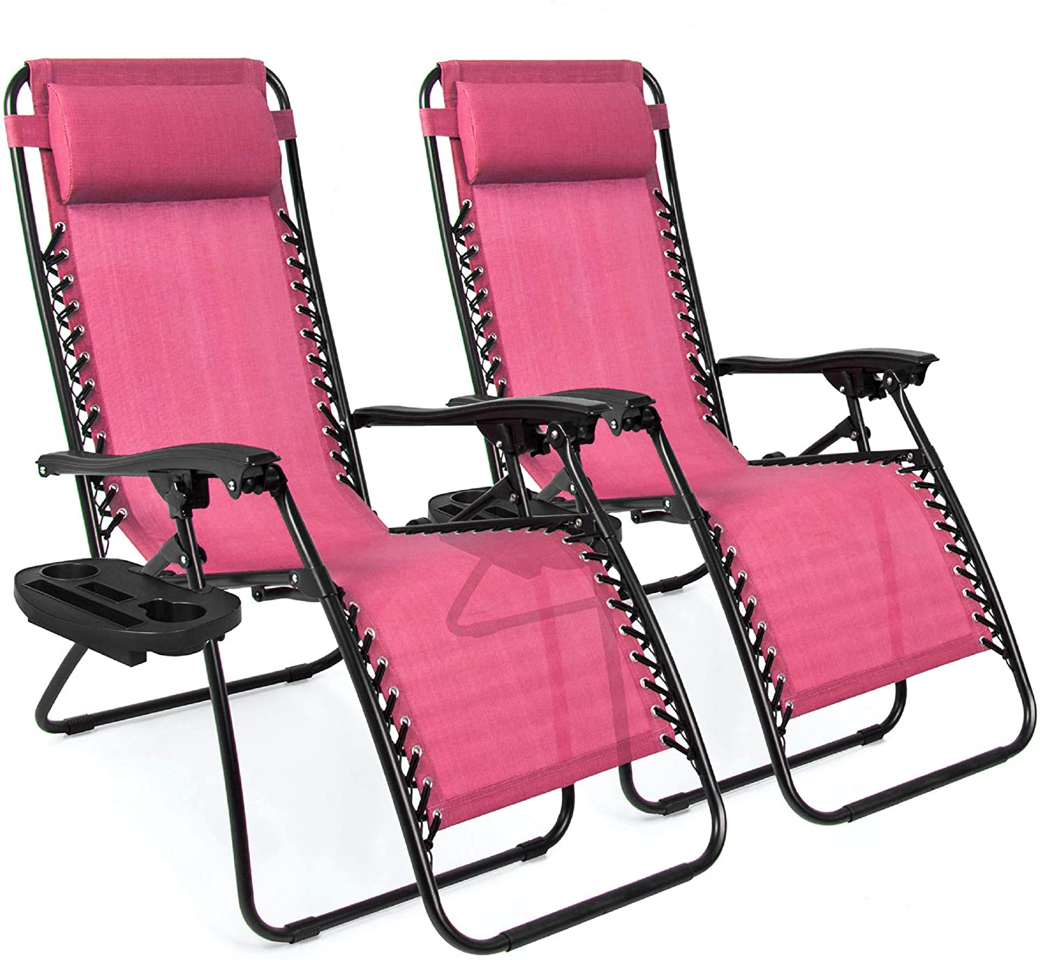 Set of 2 Adjustable Steel Mesh Zero Gravity Lounge Chair Recliners w/Pillows and Cup Holder Trays