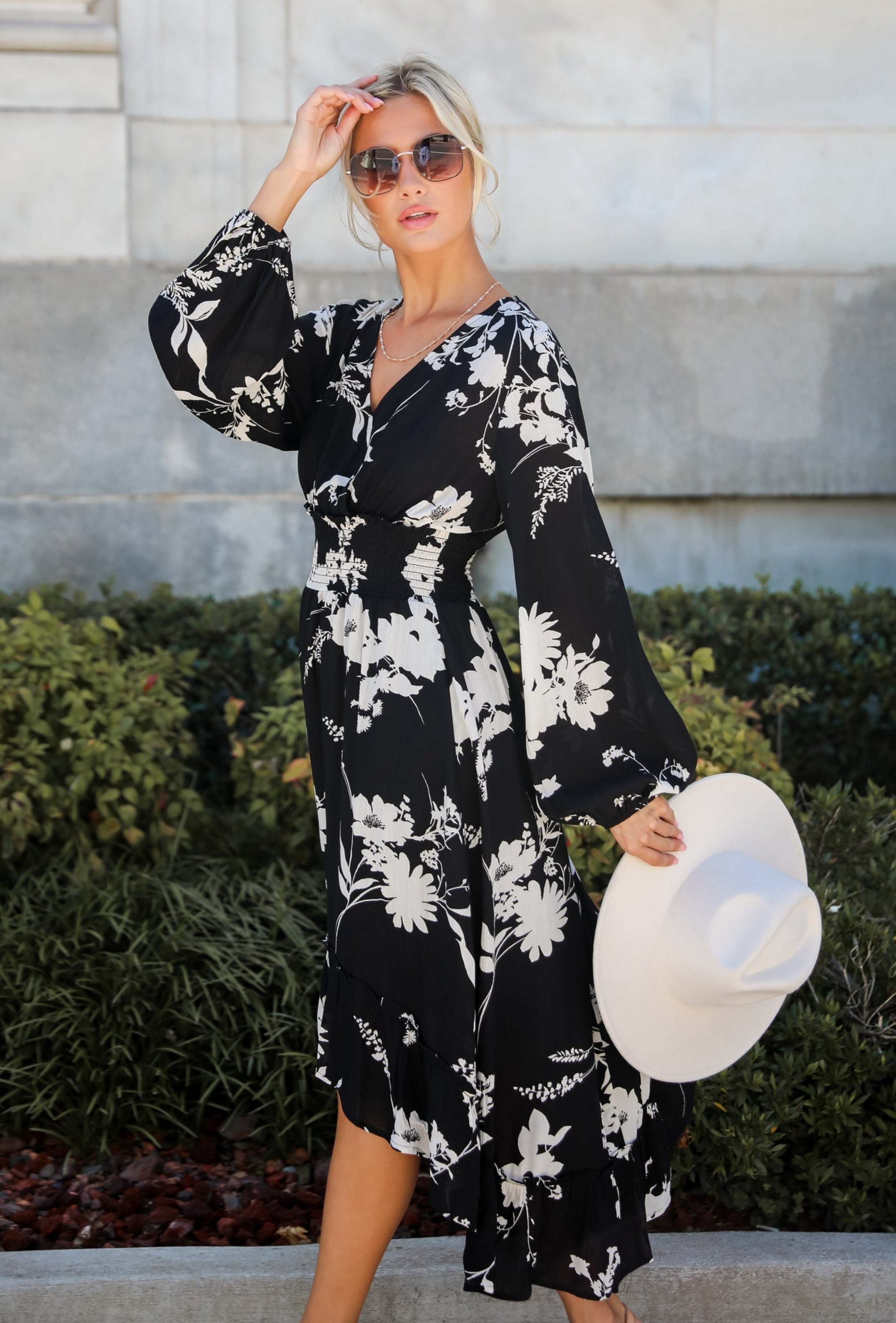 Precious Whimsy Black Floral Midi Dress