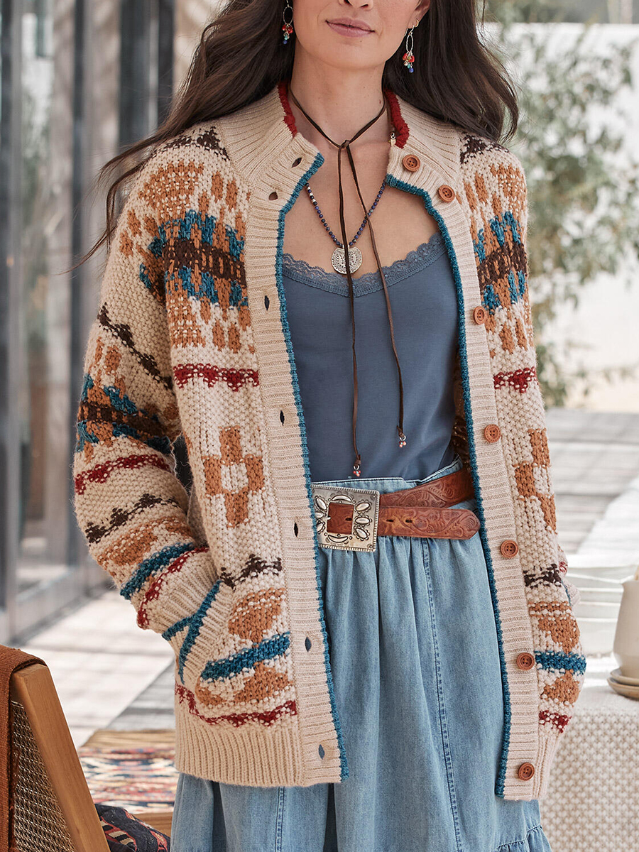 Retro contrast embroidered knitted cardigan