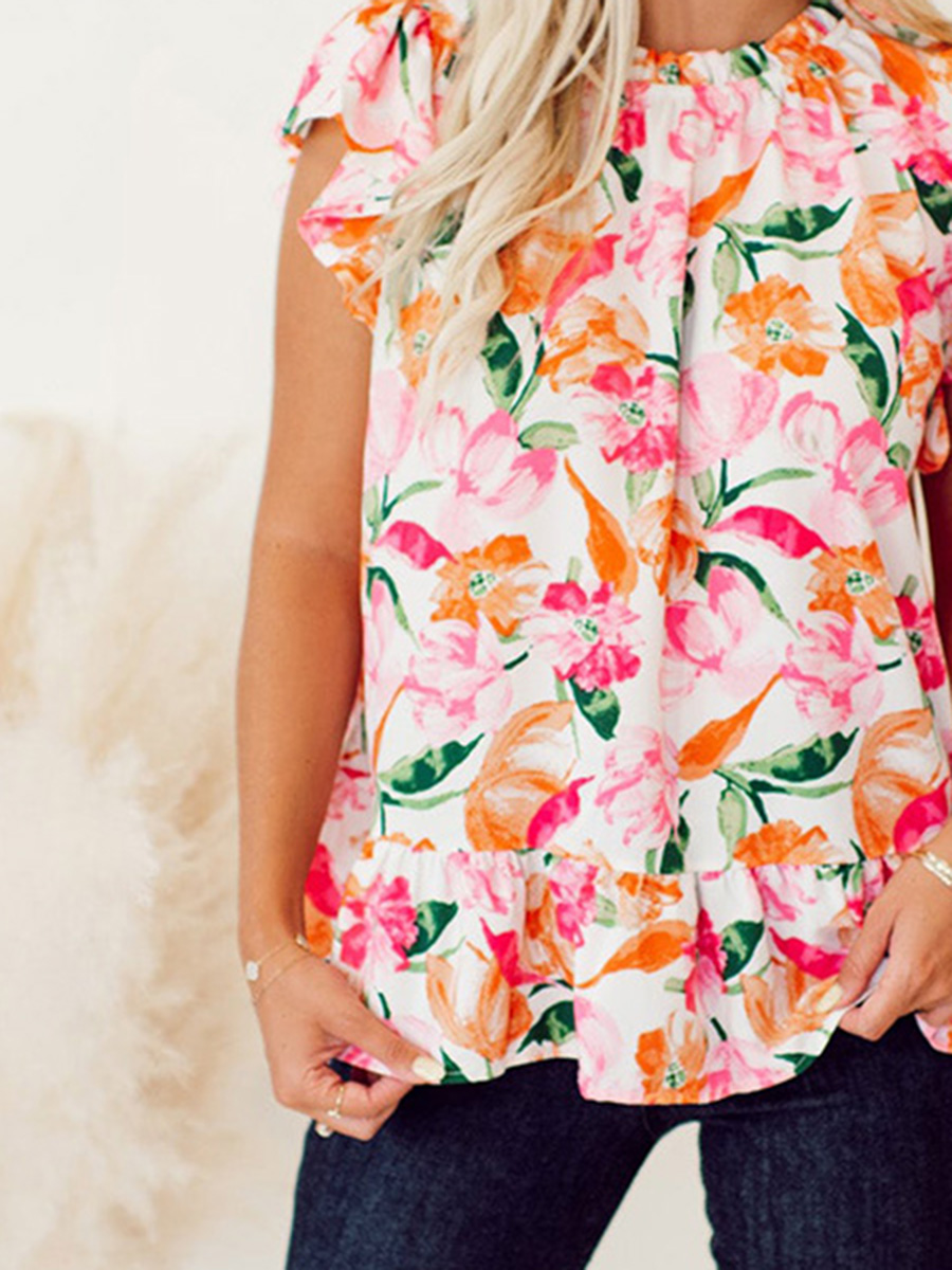 Pink and orange floral pattern pleated top