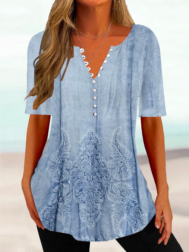 Ethnic Casual Loose Notched Blouse