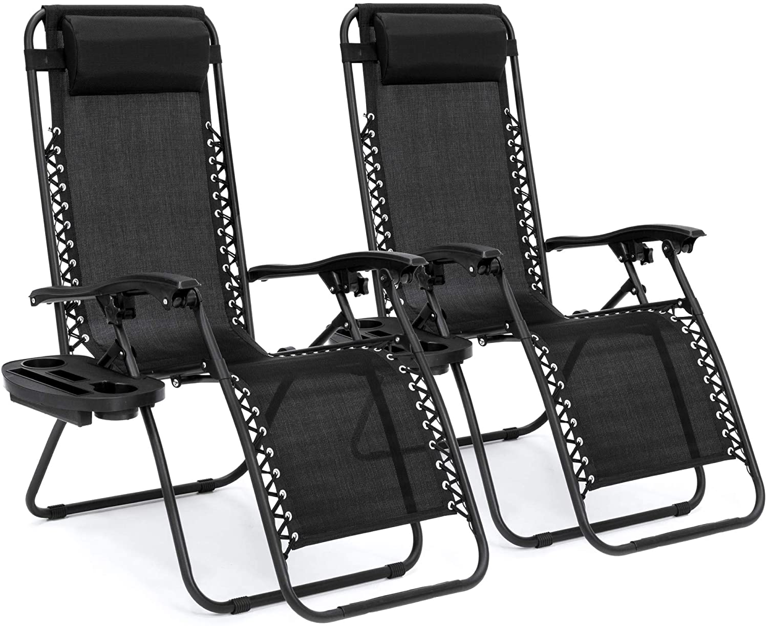 Set of 2 Adjustable Steel Mesh Zero Gravity Lounge Chair Recliners w/Pillows and Cup Holder Trays