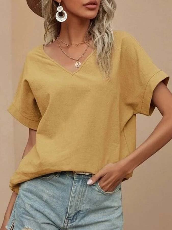 Women's Cotton Linen V-Neck Loose Top