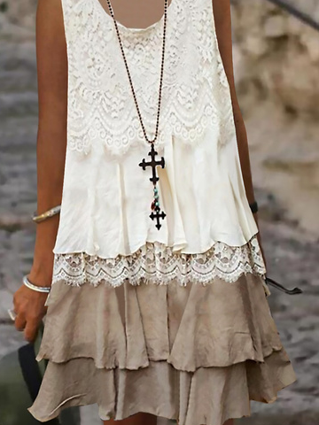 Solid U-Neck Sleeveless Woven Lace Dress