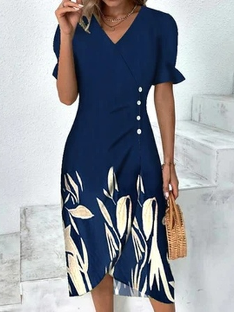 Loose Vacation Leaf V Neck Dress