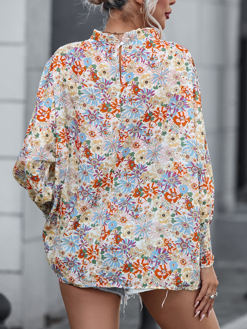 Multicolor Shirred Cuffs Bubble Sleeve Floral Blouse