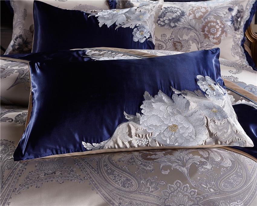 Blue Silver Silk Cotton Jacquard Luxury Chinese Duvet Cover Set