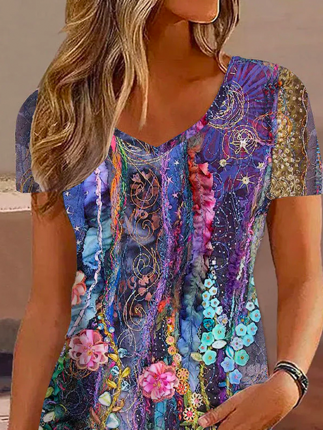 Casual V Neck Loose Floral T-Shirt