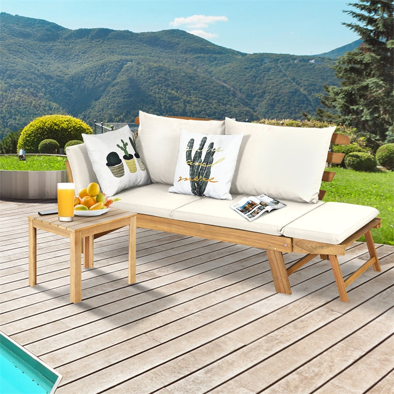 Outdoor Daybed Acacia Wood Convertible Couch Sofa Bed with Adjustable Armrest & Cushion