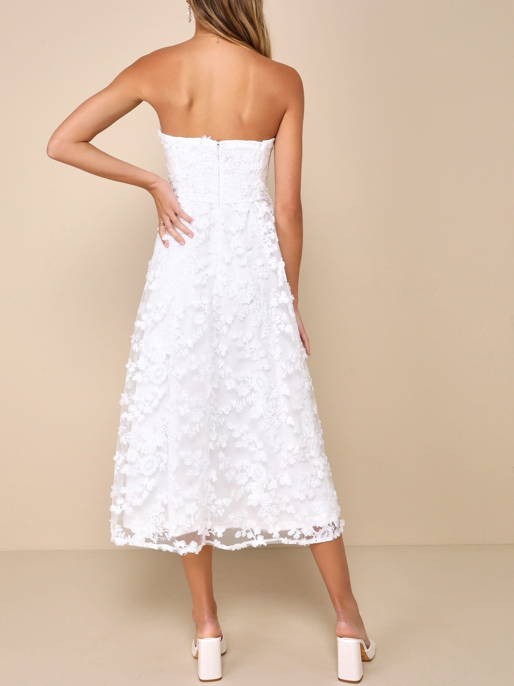 Quite Perfect White Floral Embroidered Strapless Midi Dress