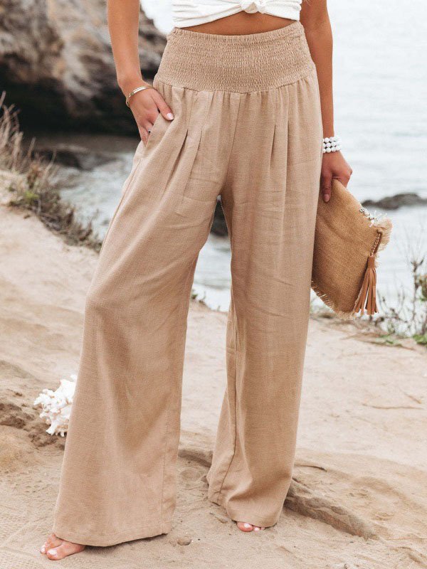 Casual Plain Natural Long Elastic Band Scramble Wide Leg Pants