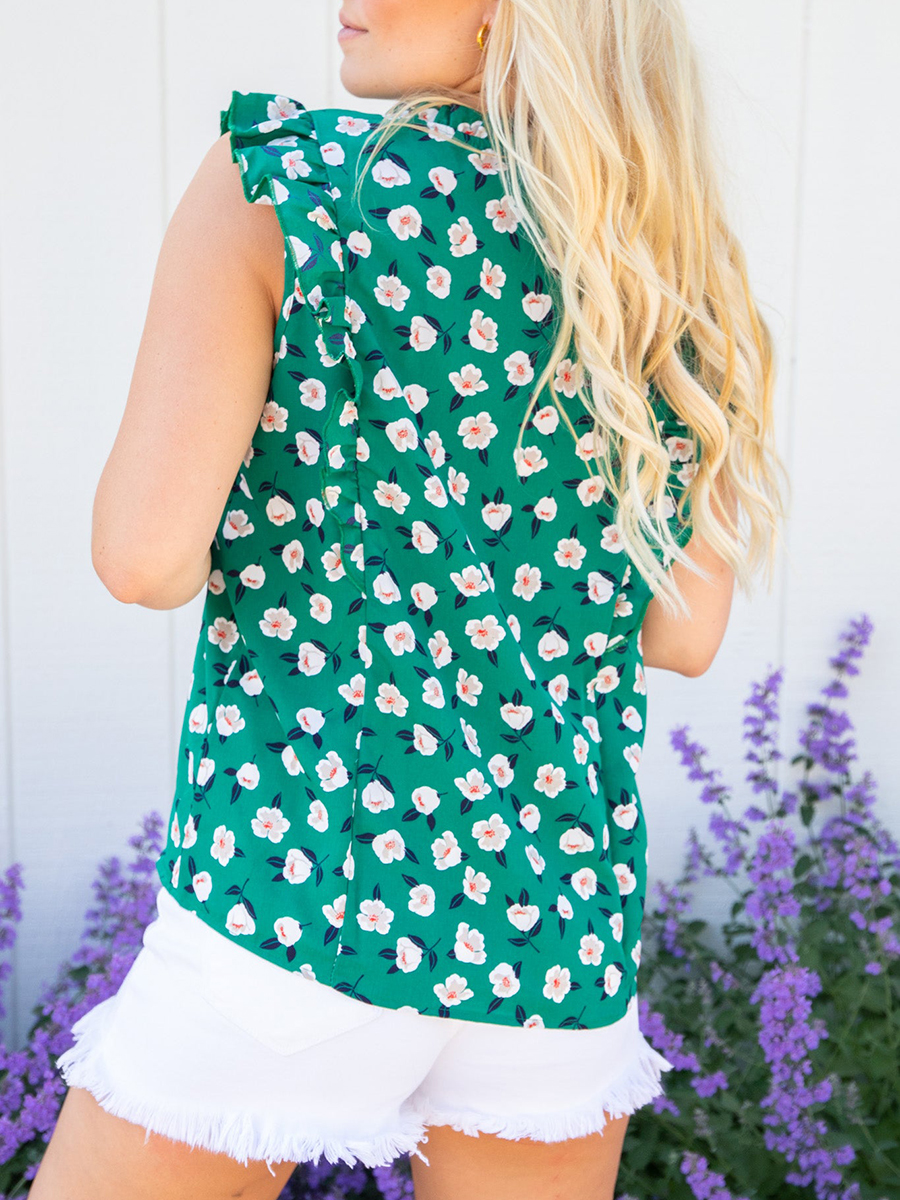 Green floral ruffled short sleeved shirt