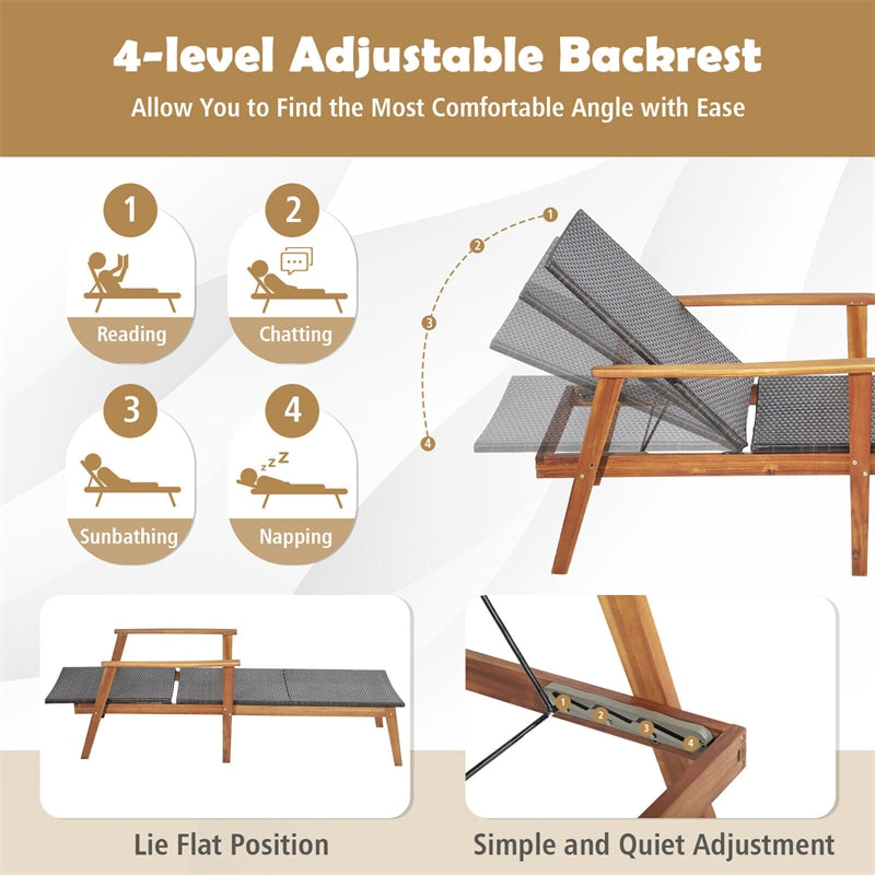 3 Piece Wicker Outdoor Lounge Chair Set Acacia Wood Chaise Lounge with Folding Side Table