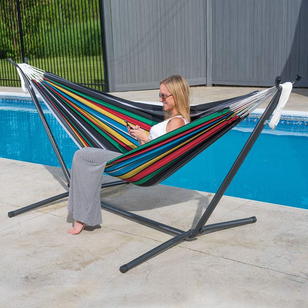 Double Cotton Hammock with Space Saving Steel Stand, Tropical (450 lb Capacity - Premium Carry Bag Included)