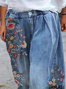 Floral-Print Casual Shift Jeans