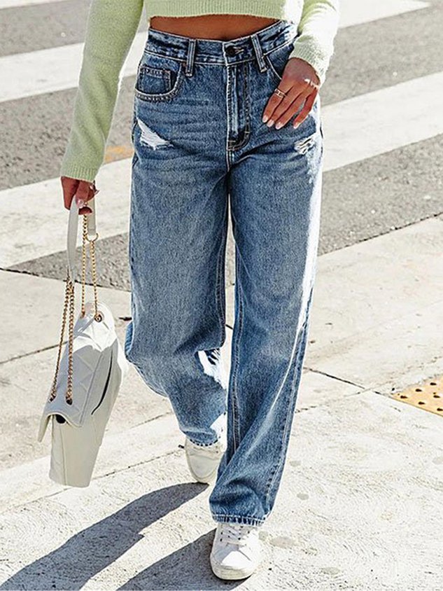 Denim Loose Casual Plain Jeans