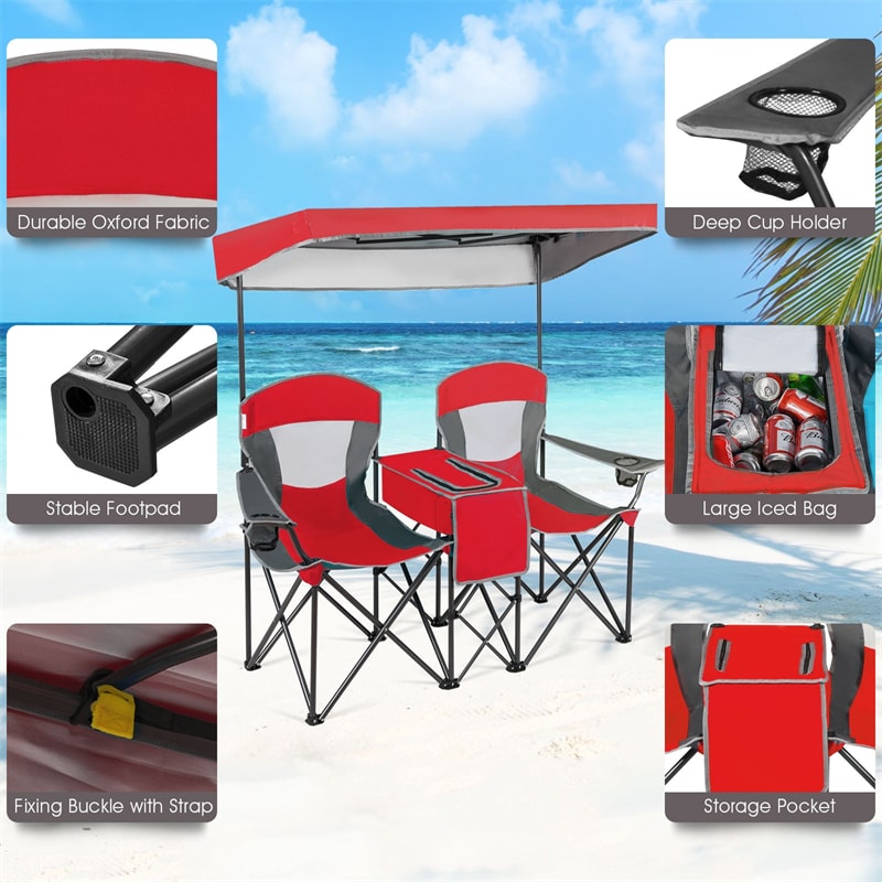 Folding Double Camping Chairs with Shade Canopy Portable Beach Chairs with Cup Holder